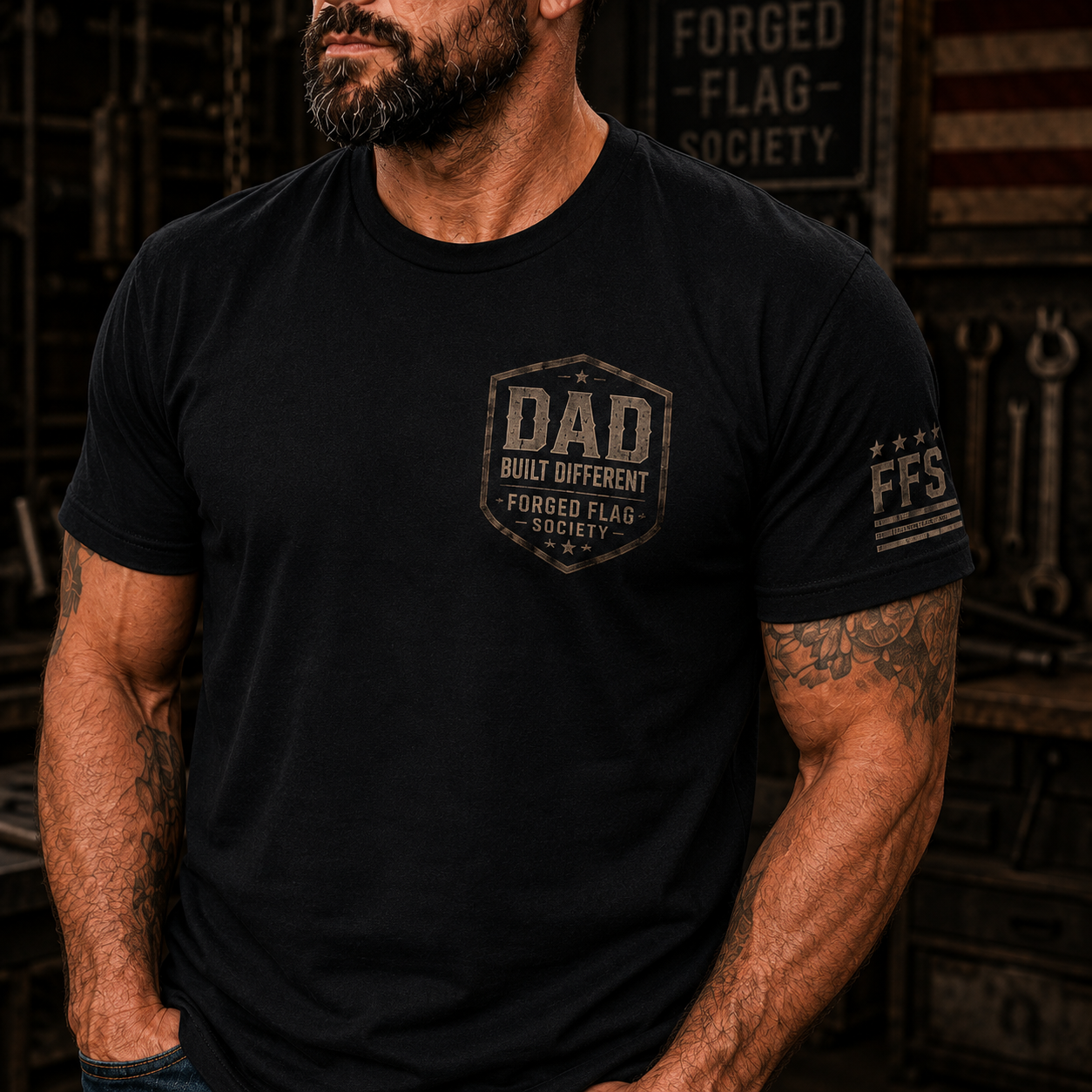 Dad Built Different Forged Flag Tee