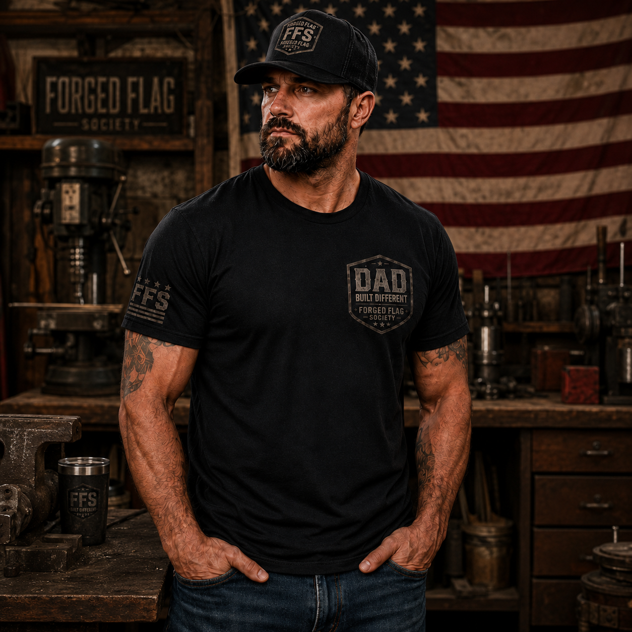 Dad Built Different Forged Flag Tee