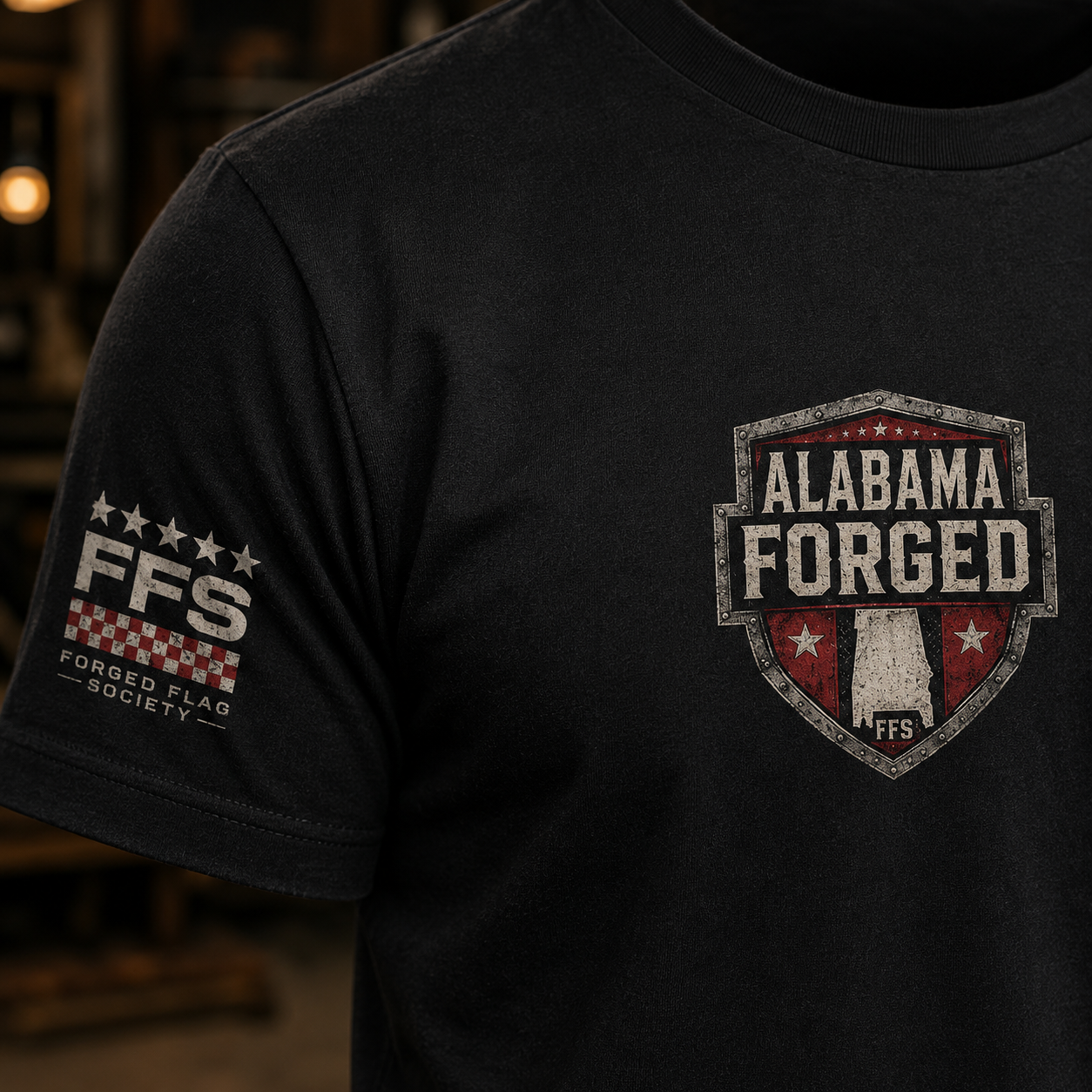 Alabama Forged Flag Tee — black state pride graphic tee with Alabama back print, left chest crest, and Heart of Dixie Grit design — Forged Flag Society