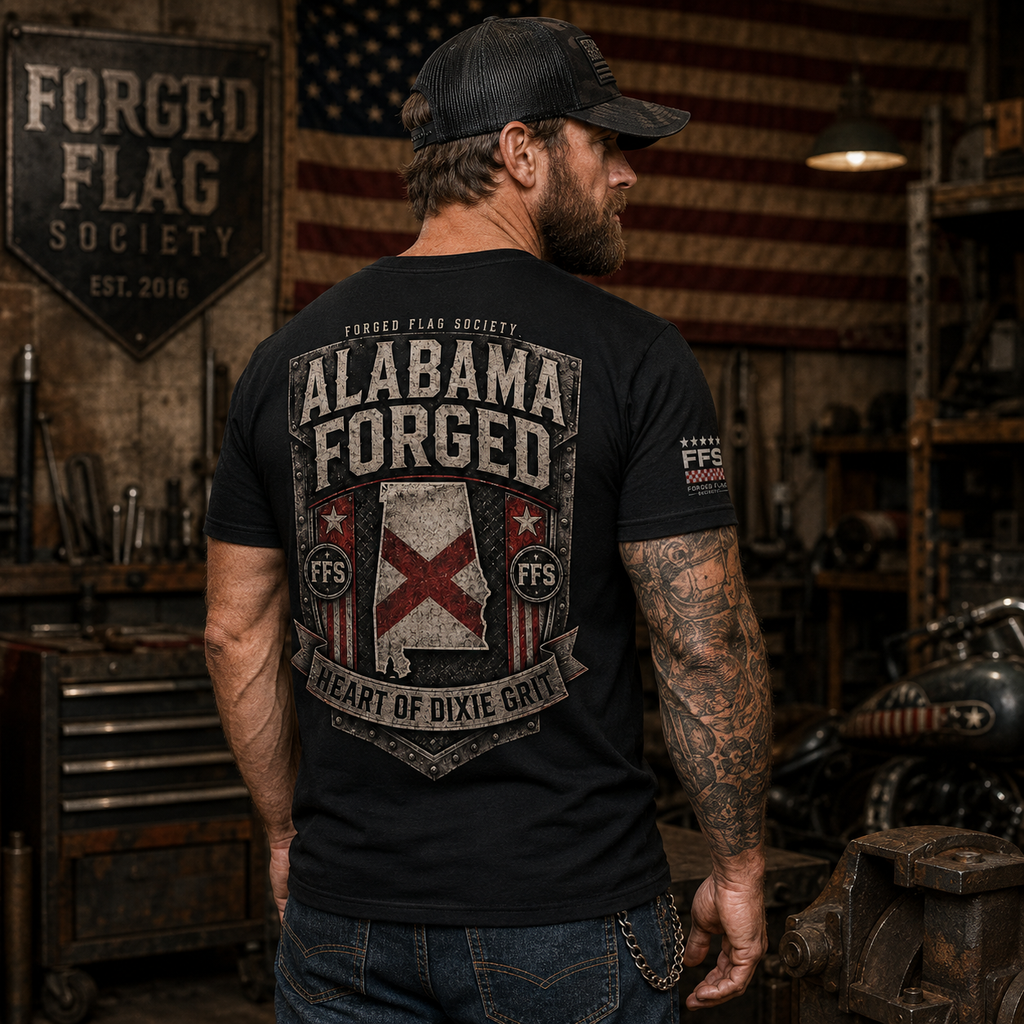 Alabama Forged Flag Tee — black state pride graphic tee with Alabama back print, left chest crest, and Heart of Dixie Grit design — Forged Flag Society
