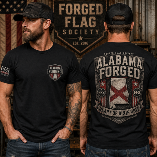 Alabama Forged Flag Tee — black state pride graphic tee with Alabama back print, left chest crest, and Heart of Dixie Grit design — Forged Flag Society