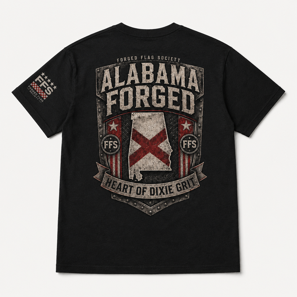 Alabama Forged Flag Tee — black state pride graphic tee with Alabama back print, left chest crest, and Heart of Dixie Grit design — Forged Flag Society