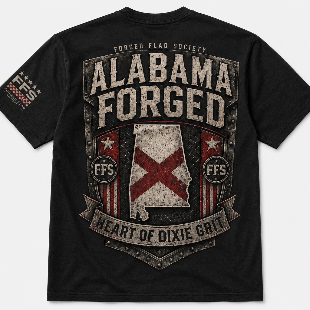 Alabama Forged Flag Tee — black state pride graphic tee with Alabama back print, left chest crest, and Heart of Dixie Grit design — Forged Flag Society