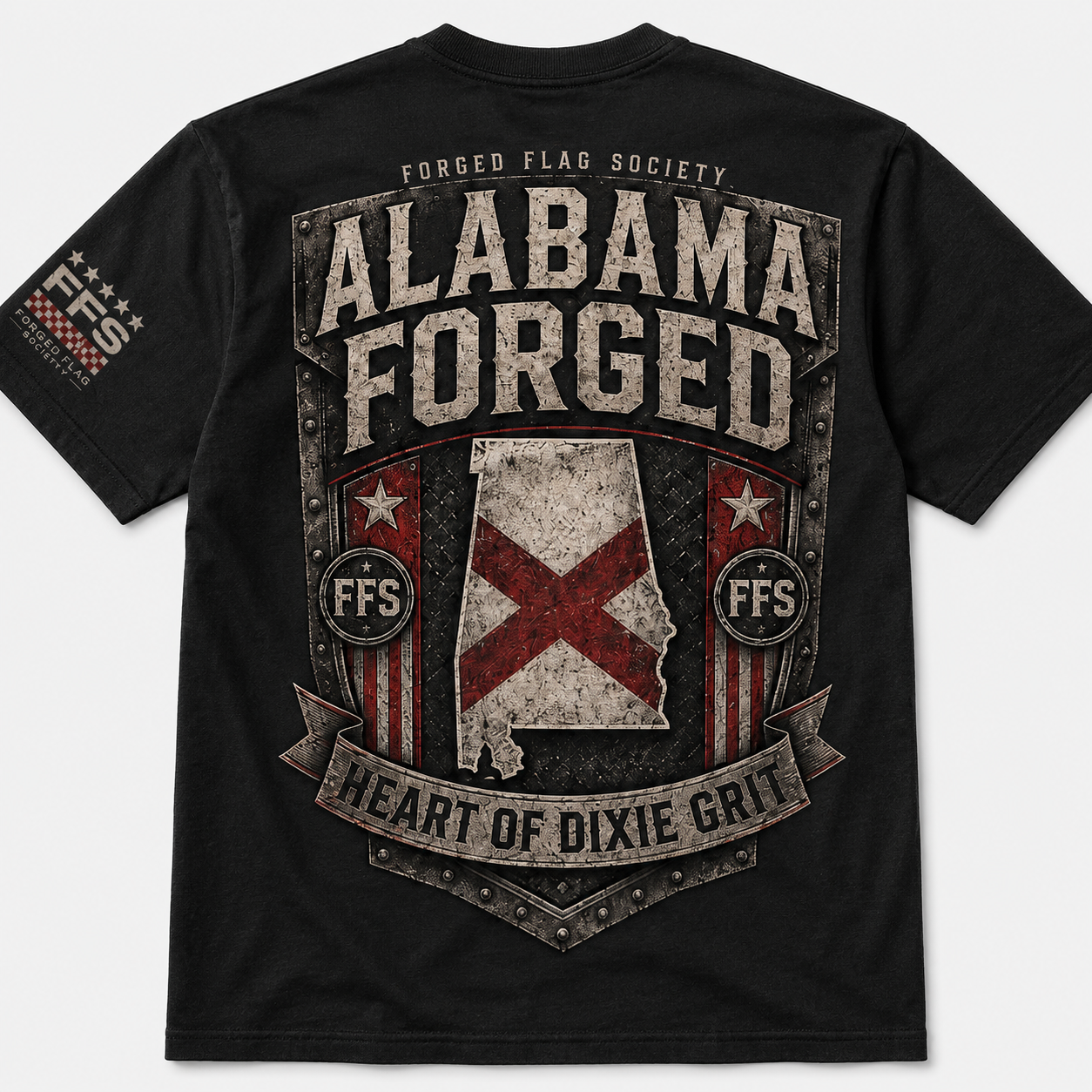Alabama Forged Flag Tee — black state pride graphic tee with Alabama back print, left chest crest, and Heart of Dixie Grit design — Forged Flag Society
