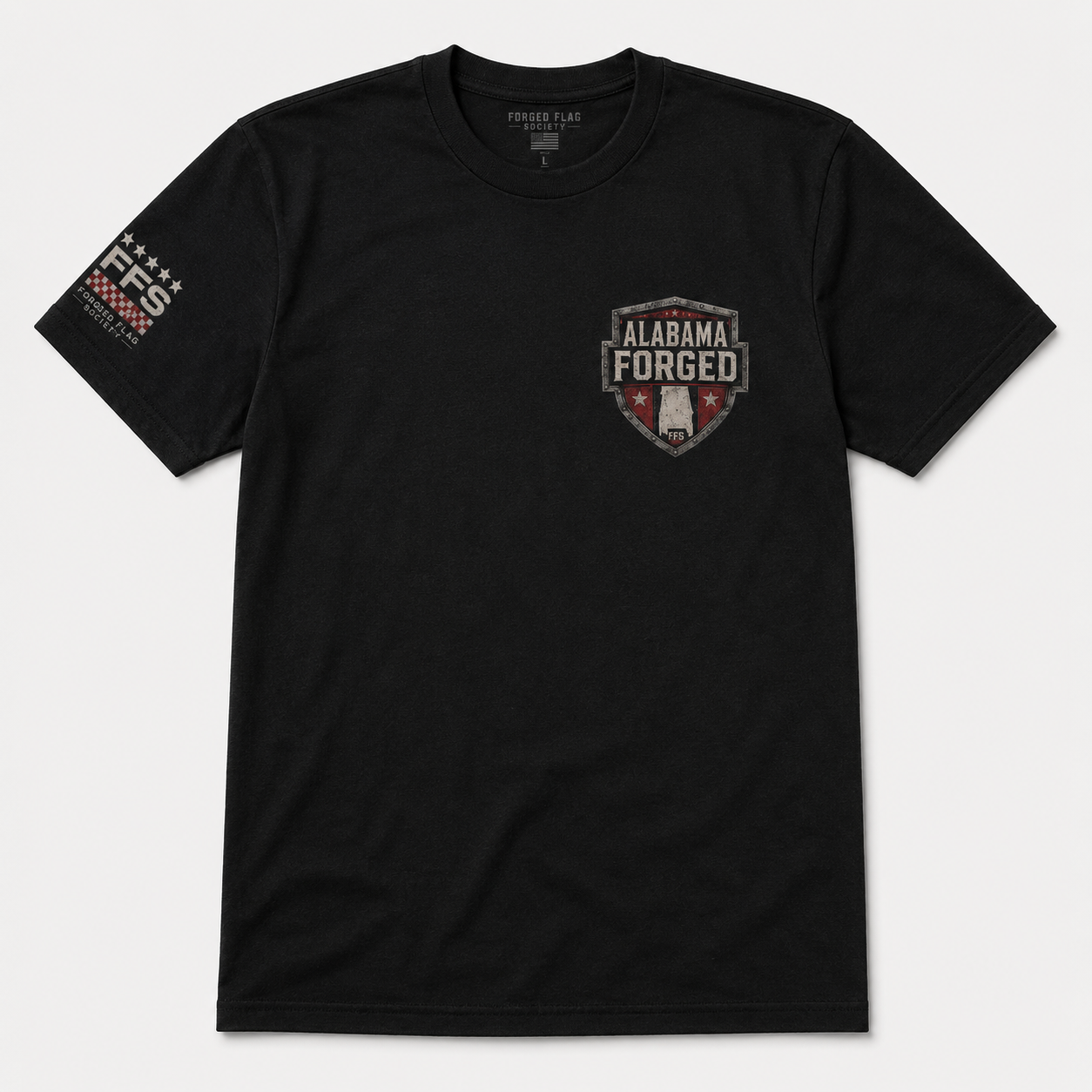 Alabama Forged Flag Tee — black state pride graphic tee with Alabama back print, left chest crest, and Heart of Dixie Grit design — Forged Flag Society