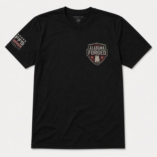 Alabama Forged Flag Tee — black state pride graphic tee with Alabama back print, left chest crest, and Heart of Dixie Grit design — Forged Flag Society