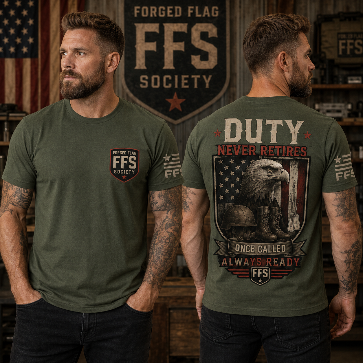 Duty Never Retires Forged Flag Tee