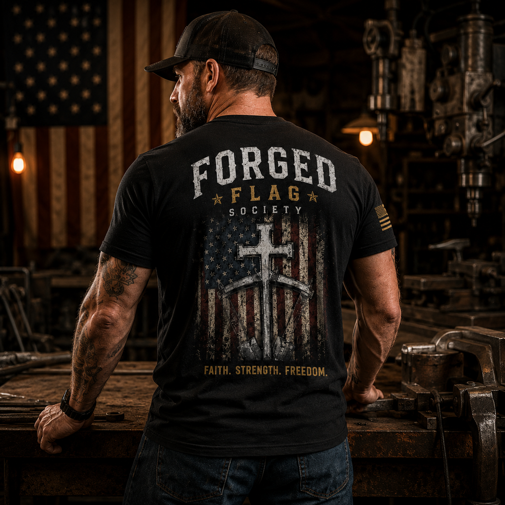 Faith Strength Freedom Forged Flag Tee