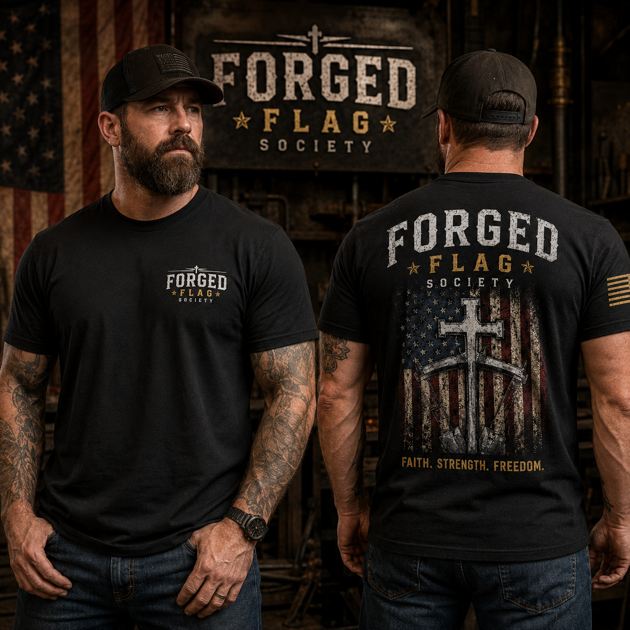 Faith Strength Freedom Forged Flag Tee