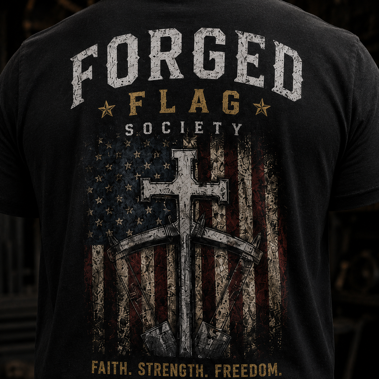 Faith Strength Freedom Forged Flag Tee