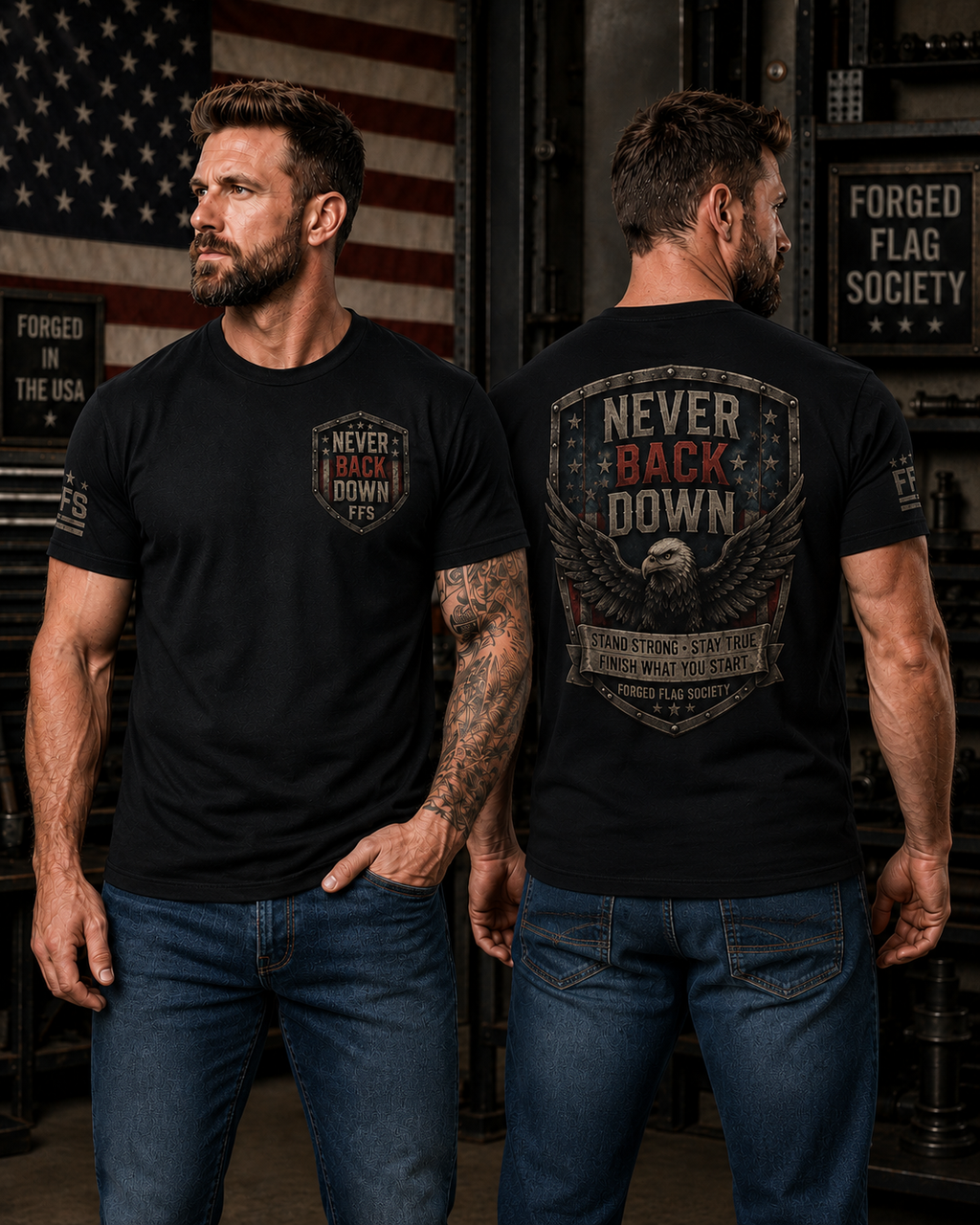Never Back Down Forged Flag Tee