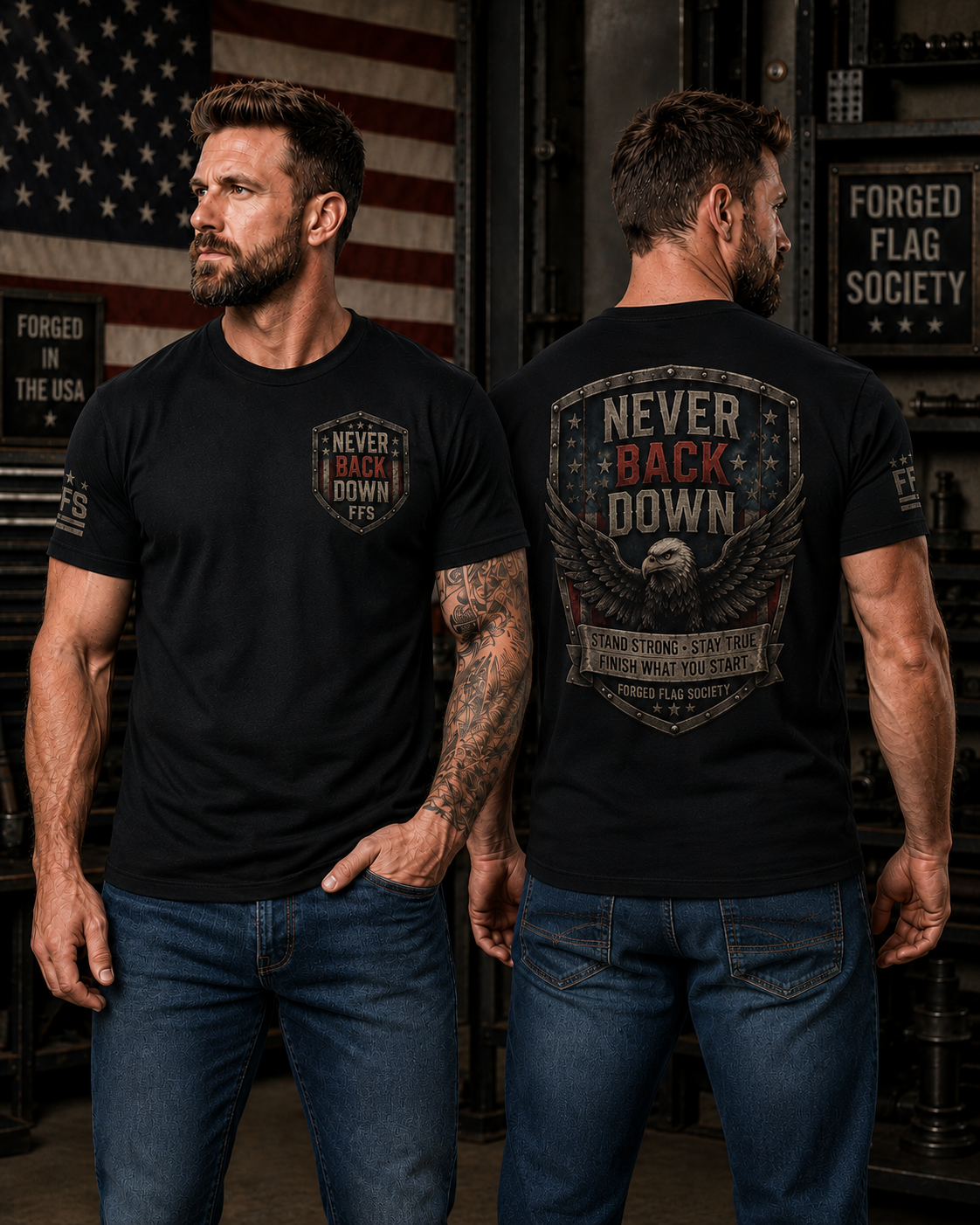 Never Back Down Forged Flag Tee