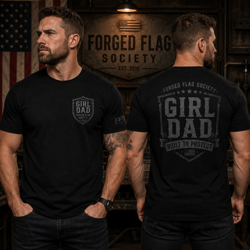 Two men wearing black t-shirts with 'Girl Dad' text in a rustic setting with 'Forged Flag Society' branding.