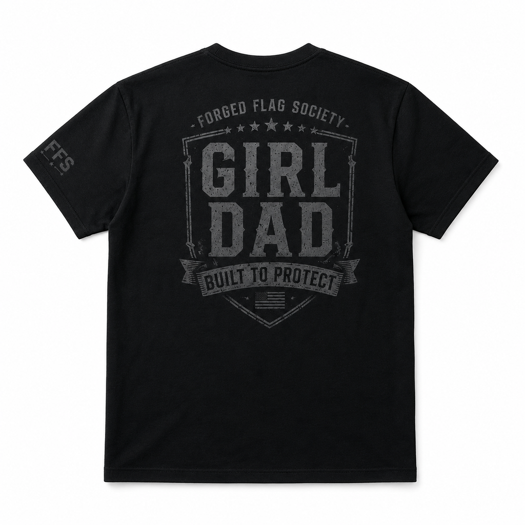 Black t-shirt with 'Girl Dad' graphic and text on a white background