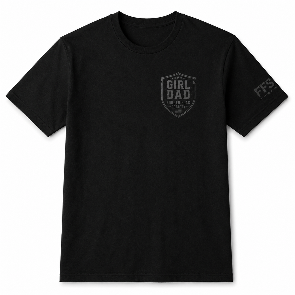 Black t-shirt with 'Girl Dad' logo and text on a white background