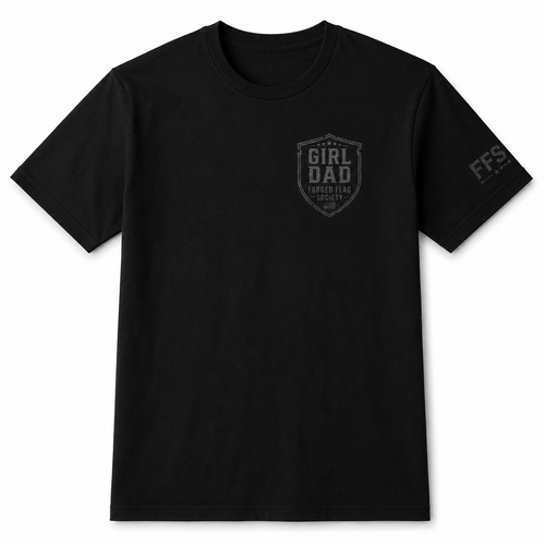 Black t-shirt with 'Girl Dad' logo and text on a white background