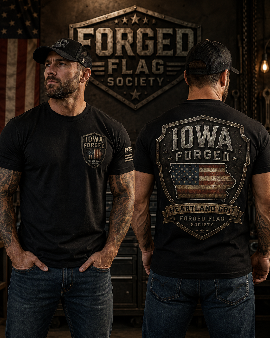 iowa-forged-flag-society-main-image man wearing t shirt showing back and front image
