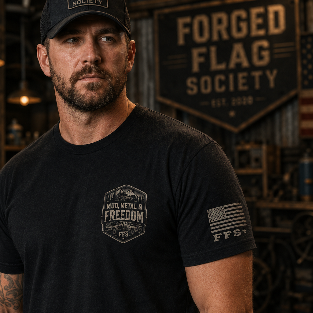 Mud, Metal & Freedom Forged Flag Tee