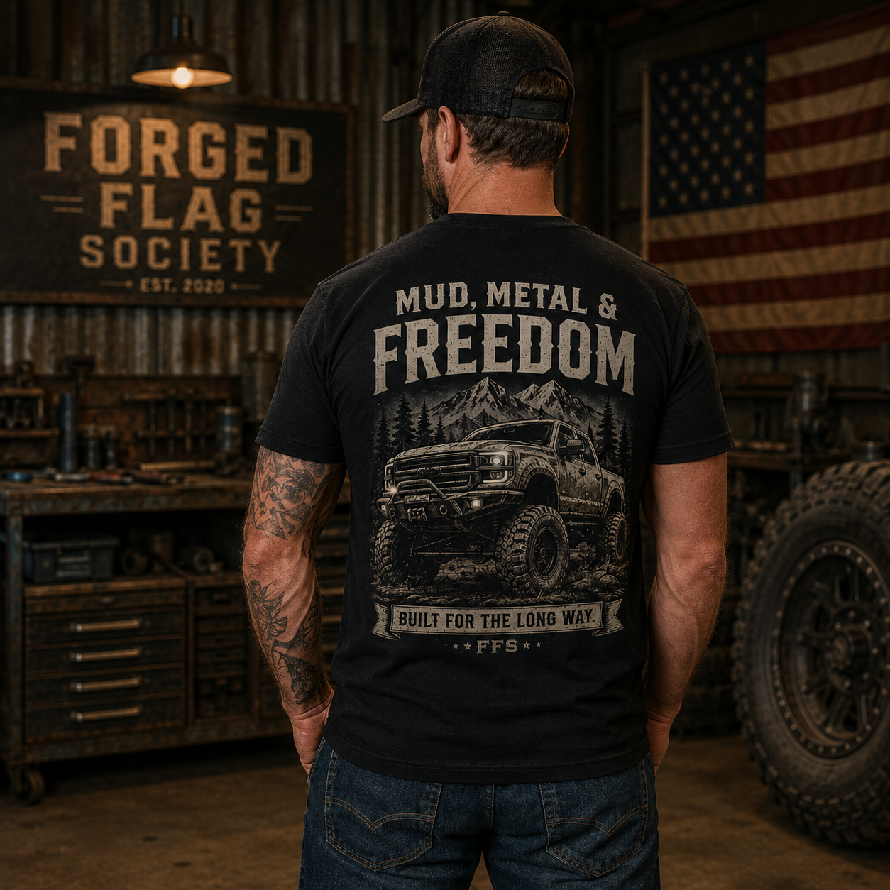 Mud, Metal & Freedom Forged Flag Tee