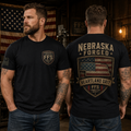 nebraska-forged-flag-tee-main-image male 35 wearing shirt showing back and front images