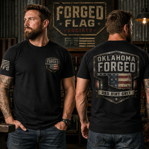 Two men wearing black t-shirts with 'Oklahoma Forged' and 'Forged Flag Society' branding.