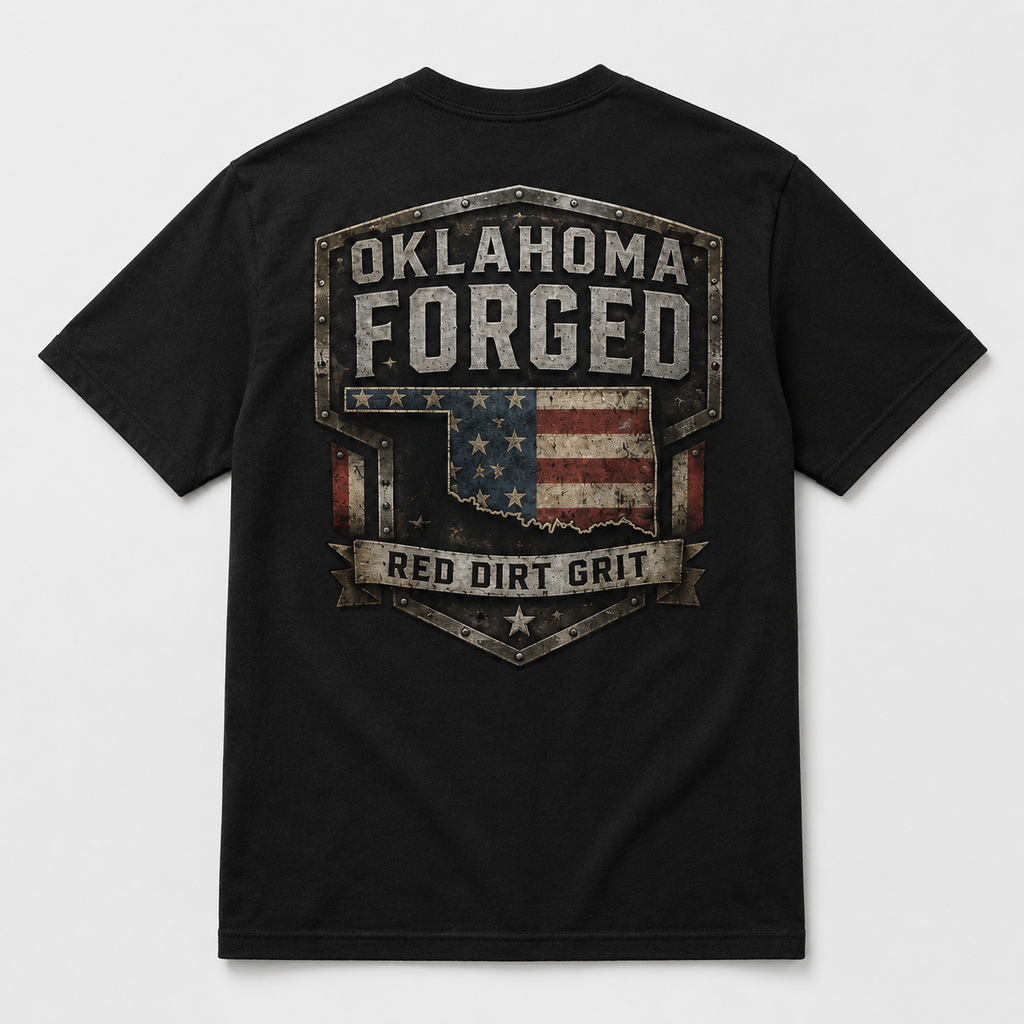 Black t-shirt with 'Oklahoma Forged Red Dirt Grit' design on a white background