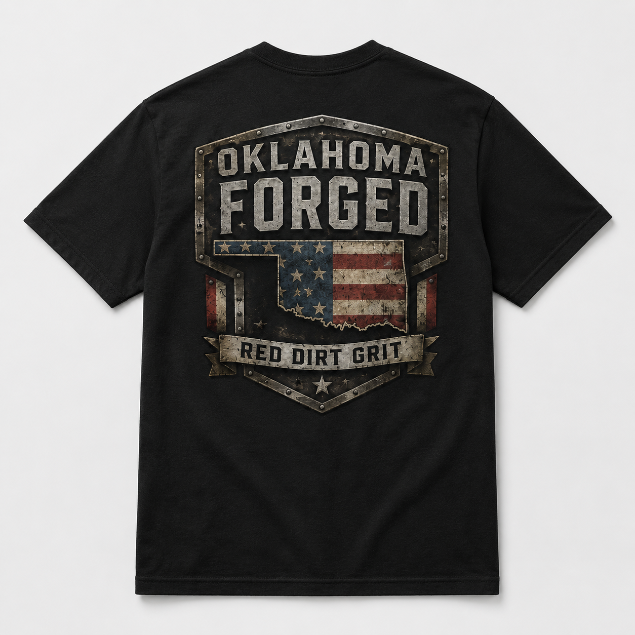 Black t-shirt with 'Oklahoma Forged Red Dirt Grit' design on a white background