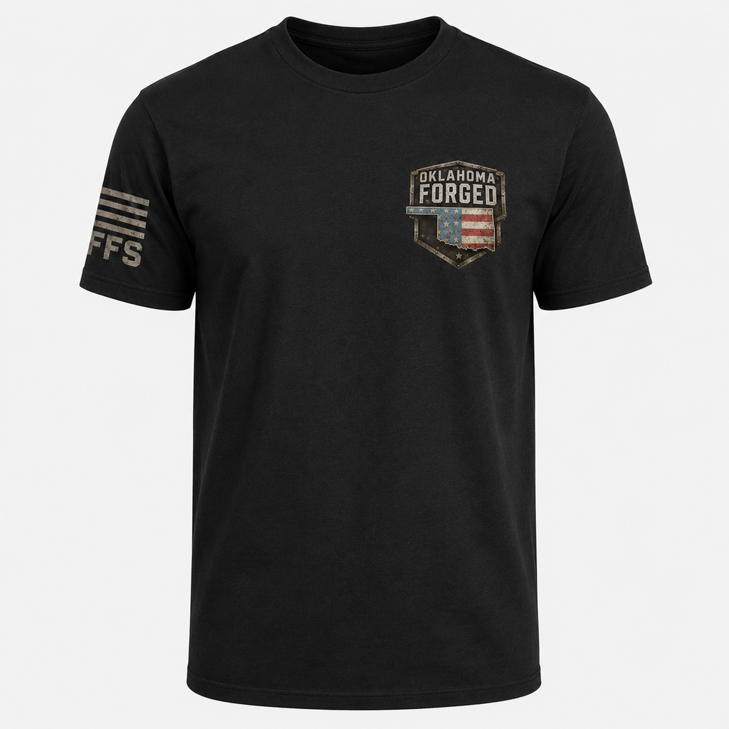 Black t-shirt with 'Oklahoma Forged' logo on a white background