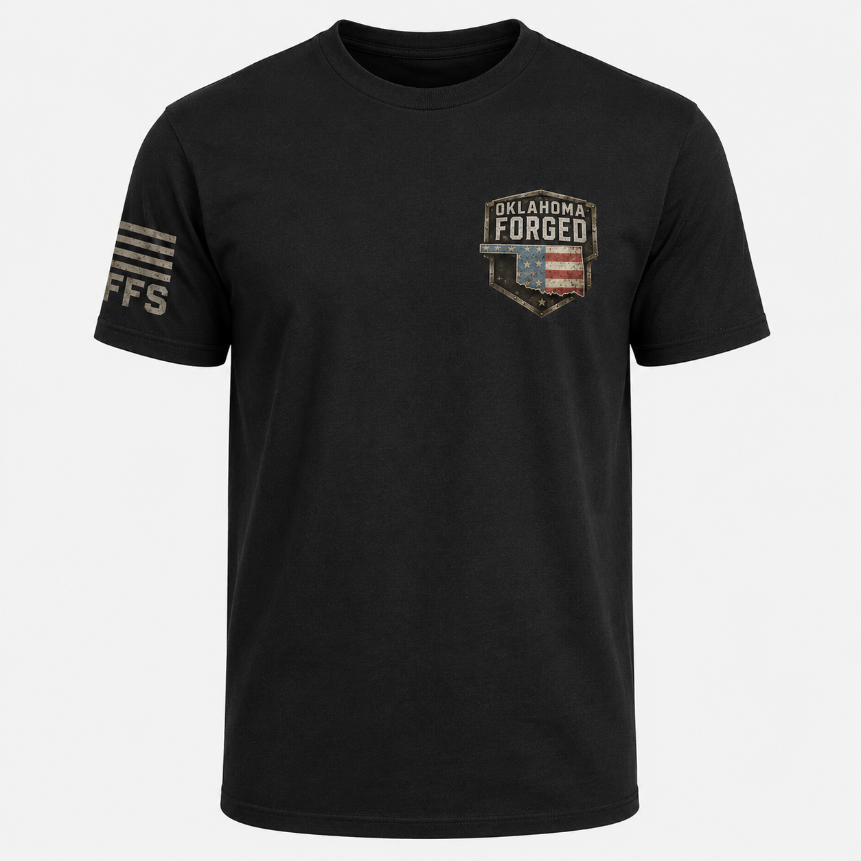 Black t-shirt with 'Oklahoma Forged' logo on a white background