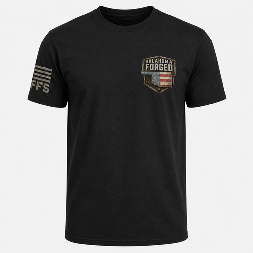 Black t-shirt with 'Oklahoma Forged' logo on a white background