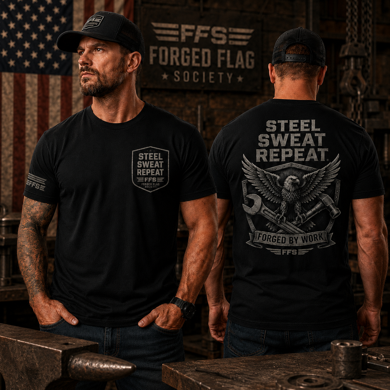 Steel Sweat Repeat Forged Flag Tee